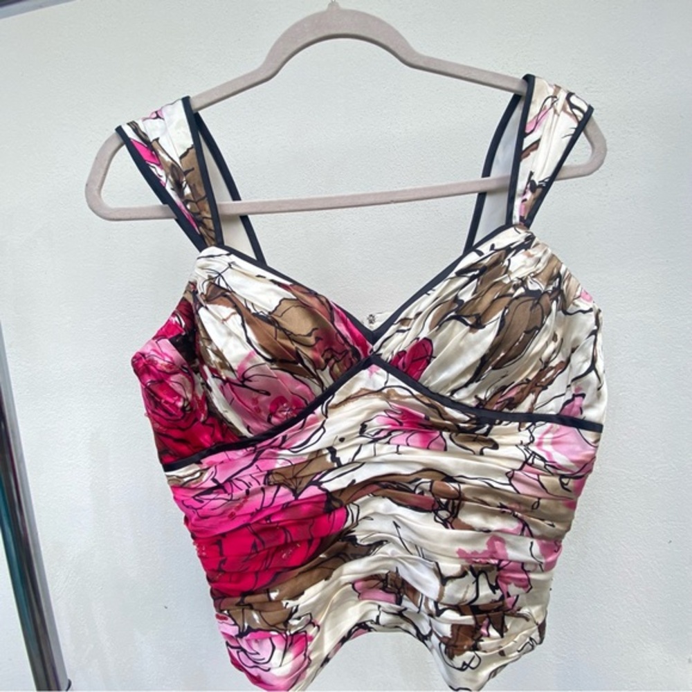 Y2K Adrianna Papell 100% Silk Pink Multicolor Floral Beaded Bustier Top Size Med